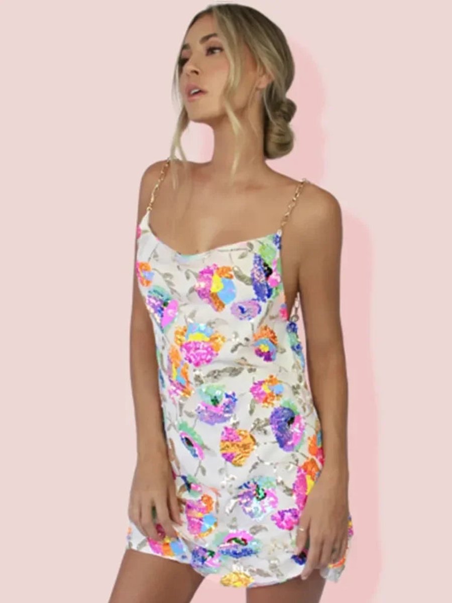 Sequin Floral Slip Mini Dress with Chain Straps