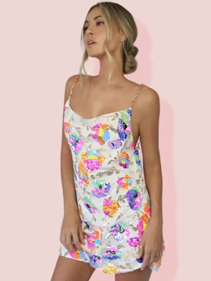 Sequin Floral Slip Mini Dress with Chain Straps