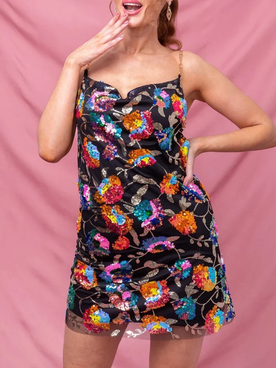 Sequin Floral Slip Mini Dress with Chain Straps