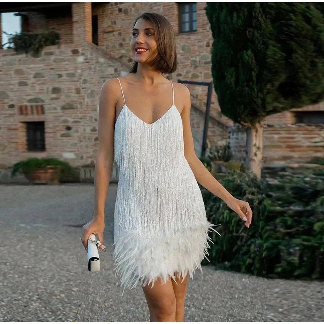 Sequin Fringe Feather-Hem Mini Cocktail Dress
