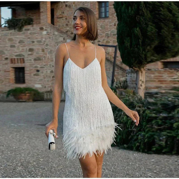 Sequin Fringe Feather-Hem Mini Cocktail Dress