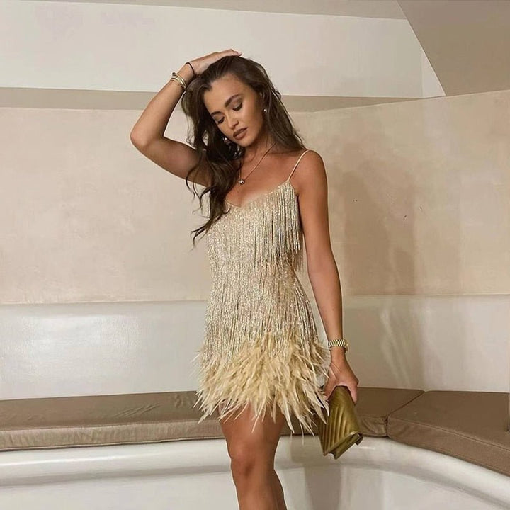 Sequin Fringe Feather-Hem Mini Cocktail Dress