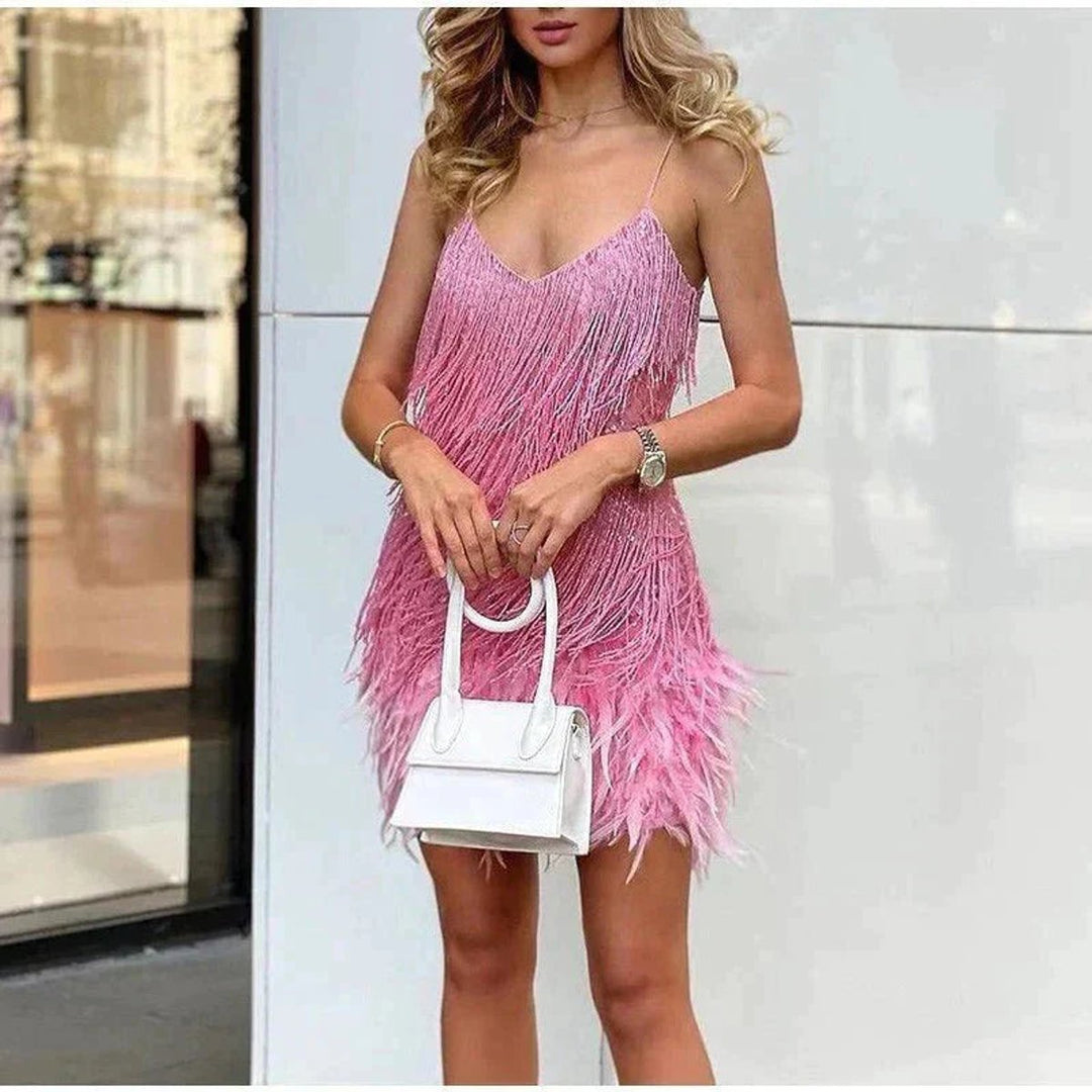 Sequin Fringe Feather-Hem Mini Cocktail Dress