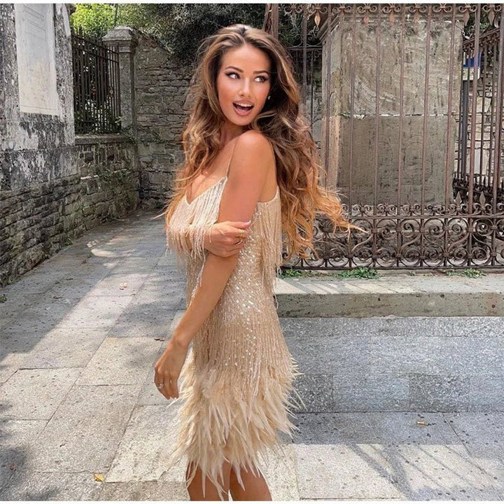 Sequin Fringe Feather-Hem Mini Cocktail Dress
