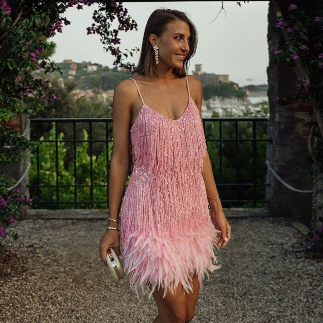 Sequin Fringe Feather-Hem Mini Cocktail Dress