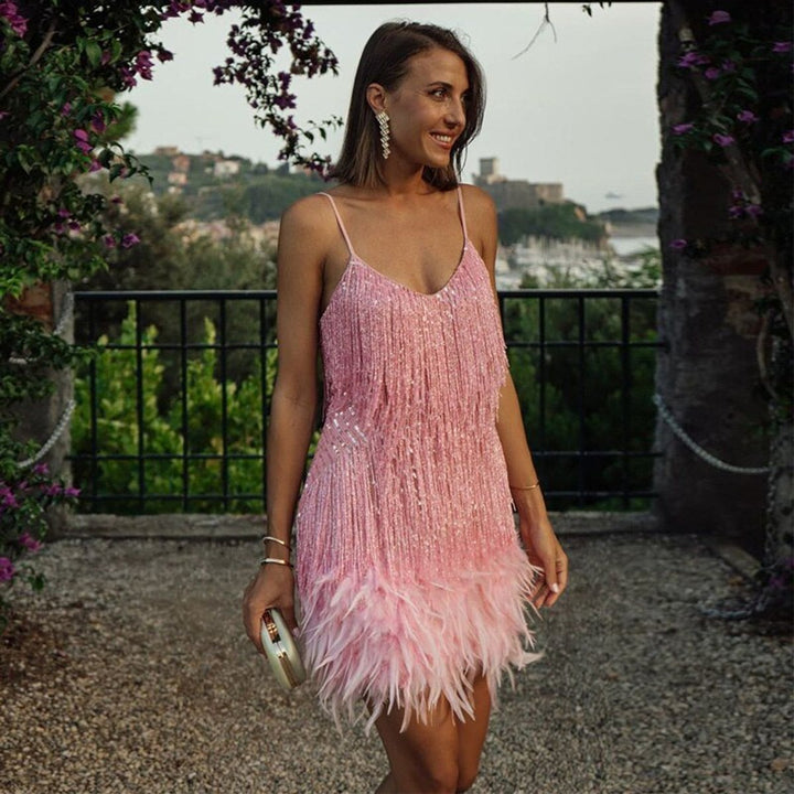 Sequin Fringe Feather-Hem Mini Cocktail Dress