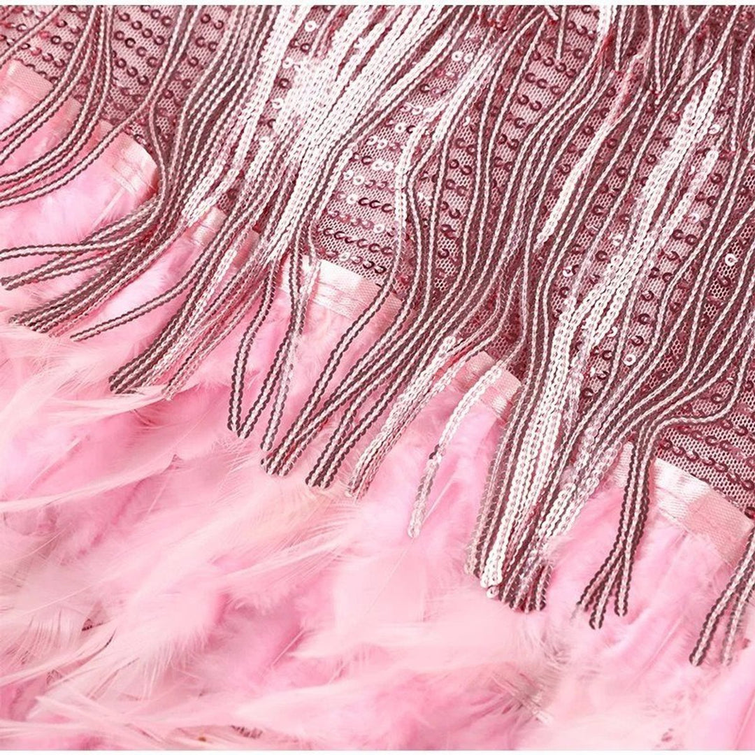 Sequin Fringe Feather-Hem Mini Cocktail Dress