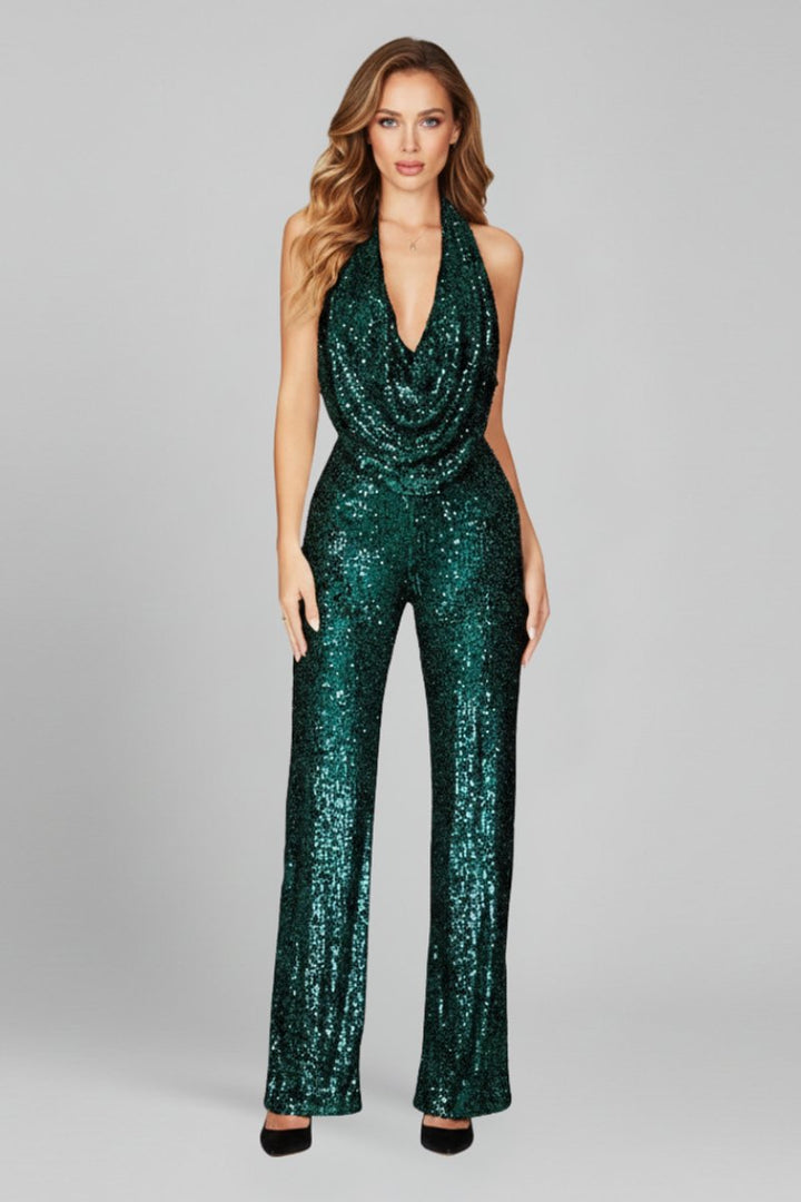 Sequin Halter-Neck Cowl Wide-Leg Jumpsuit