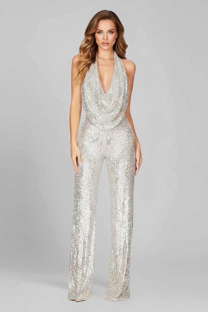 Sequin Halter-Neck Cowl Wide-Leg Jumpsuit