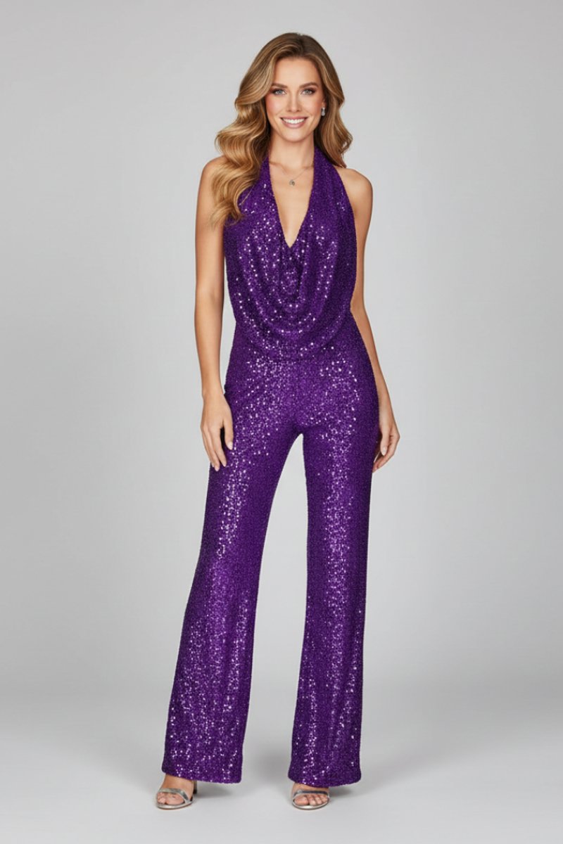 Sequin Halter-Neck Cowl Wide-Leg Jumpsuit