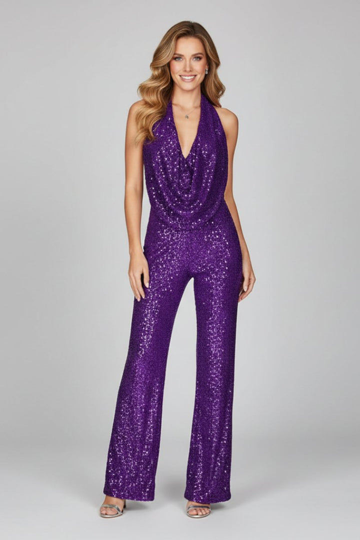 Sequin Halter-Neck Cowl Wide-Leg Jumpsuit