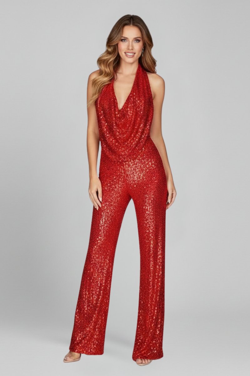 Sequin Halter-Neck Cowl Wide-Leg Jumpsuit