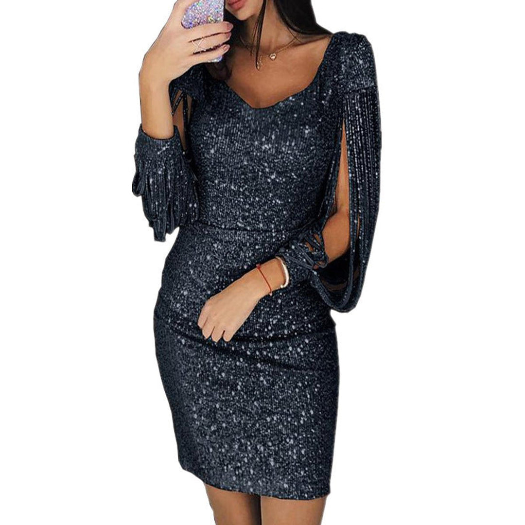 Sequin Tassel-Sleeve V-Neck Bodycon Cocktail Dress