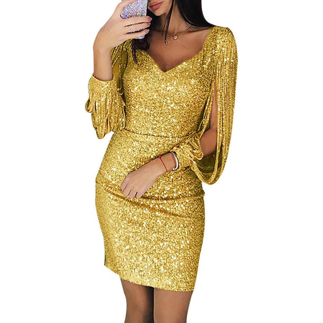 Sequin Tassel-Sleeve V-Neck Bodycon Cocktail Dress
