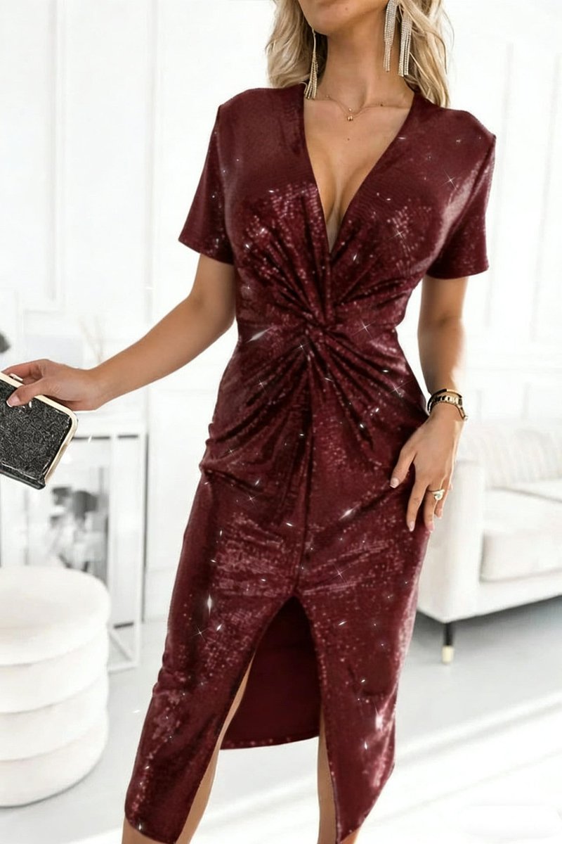Sequin V-Neck Twisted-Front Midi Cocktail Dress