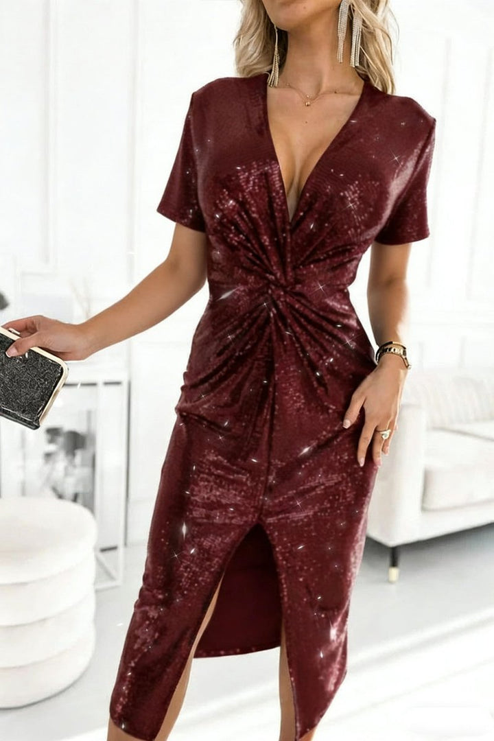 Sequin V-Neck Twisted-Front Midi Cocktail Dress