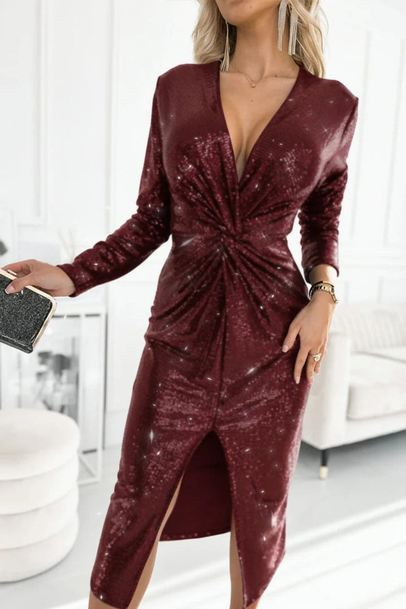 Sequin V-Neck Twisted-Front Midi Cocktail Dress