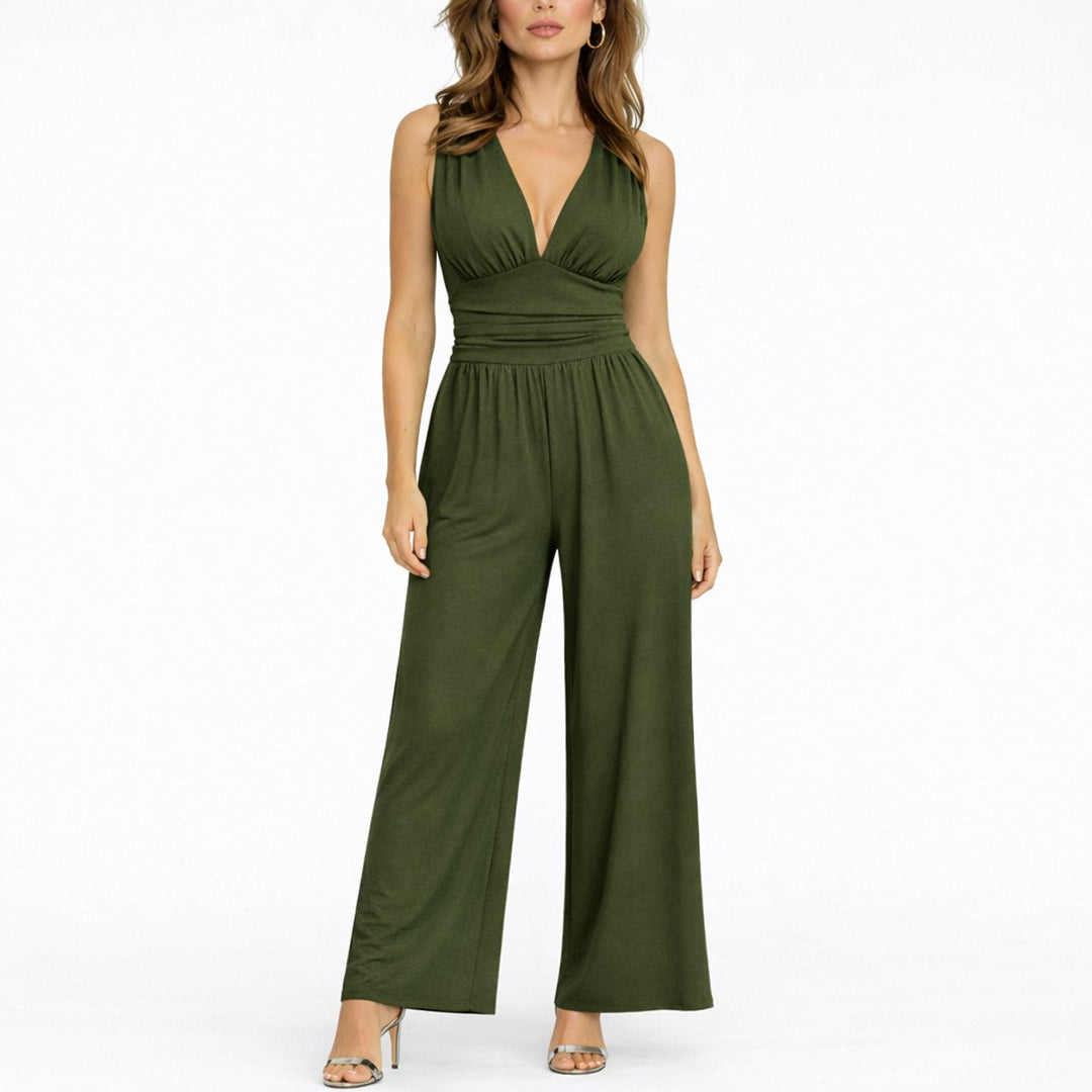 Sleeveless Deep V-Neck Wide-Leg Jumpsuit