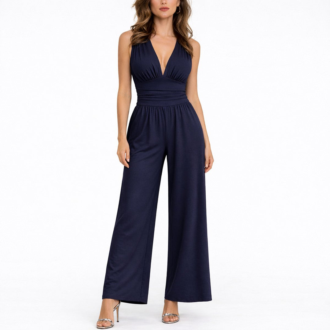 Sleeveless Deep V-Neck Wide-Leg Jumpsuit