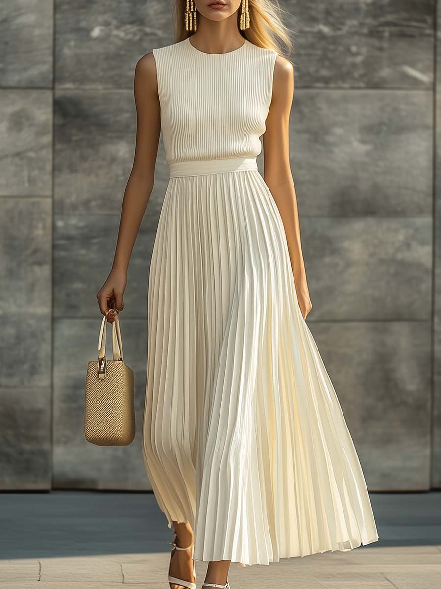 Sleeveless Knit and Pleated Chiffon Maxi Dress