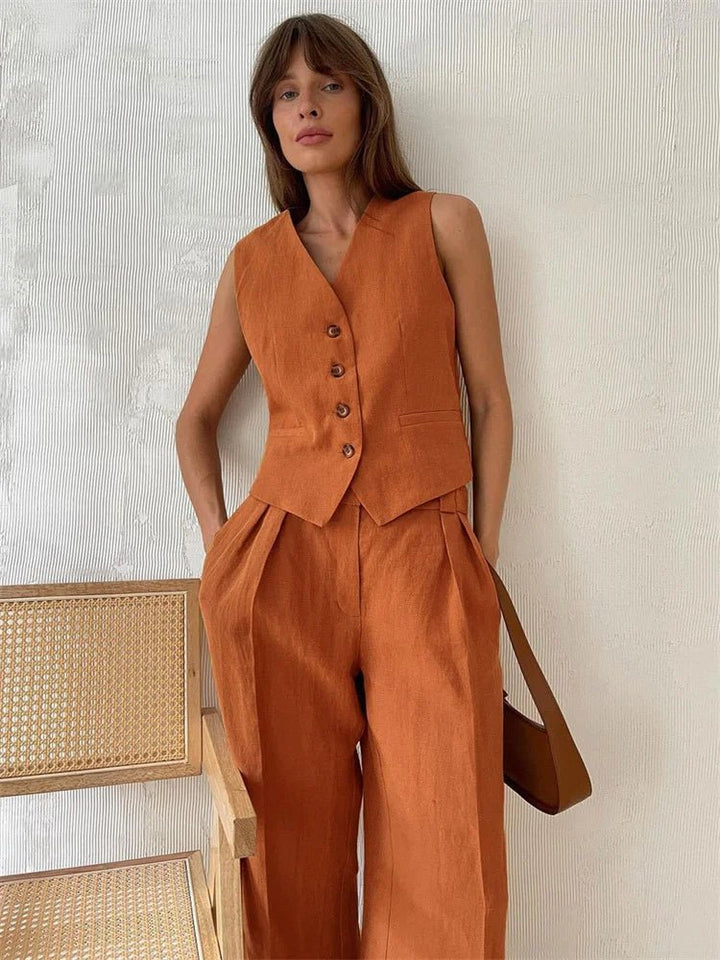 Sleeveless Linen Waistcoat and Wide-Leg Trouser Set