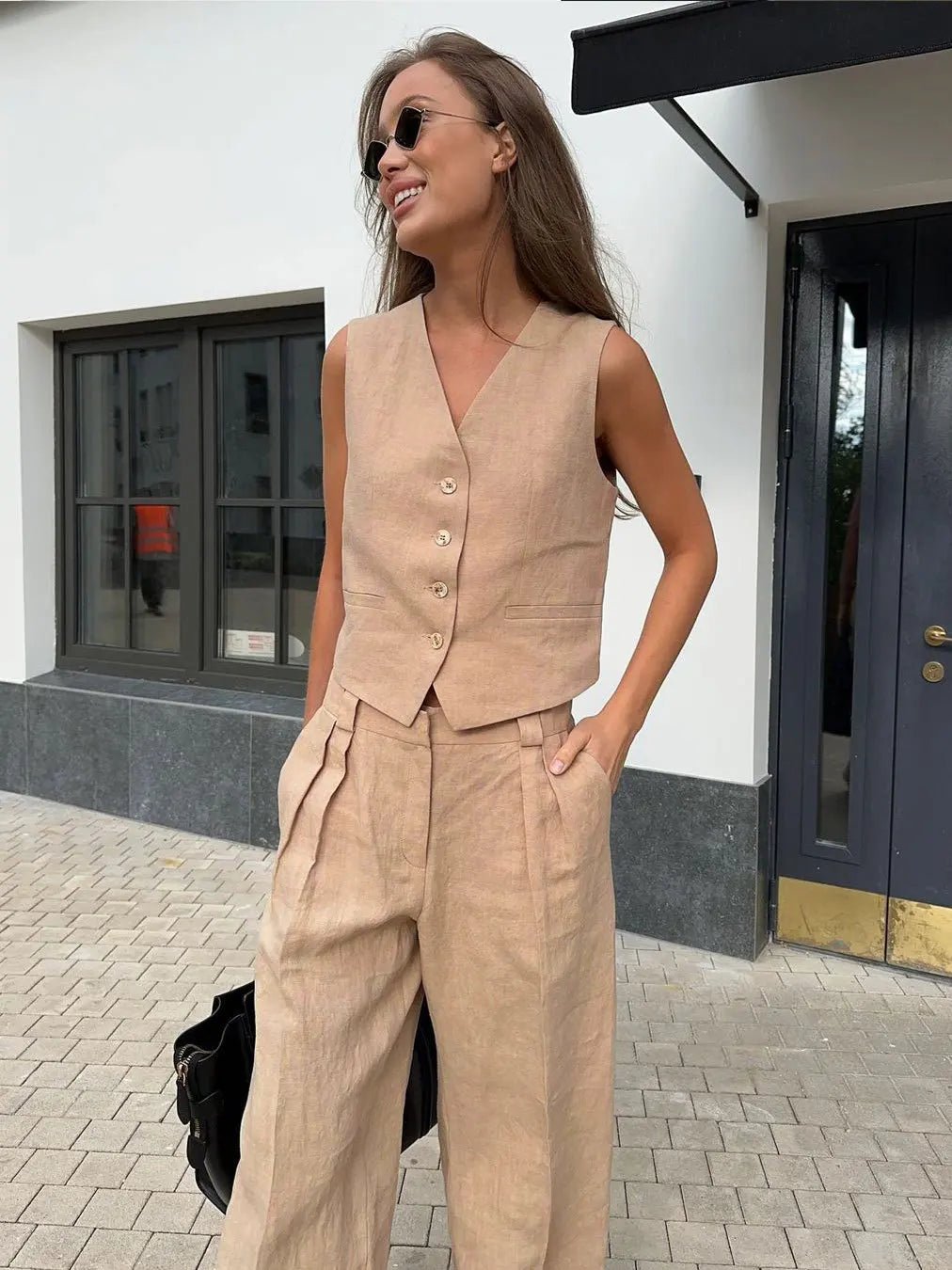 Sleeveless Linen Waistcoat and Wide-Leg Trouser Set