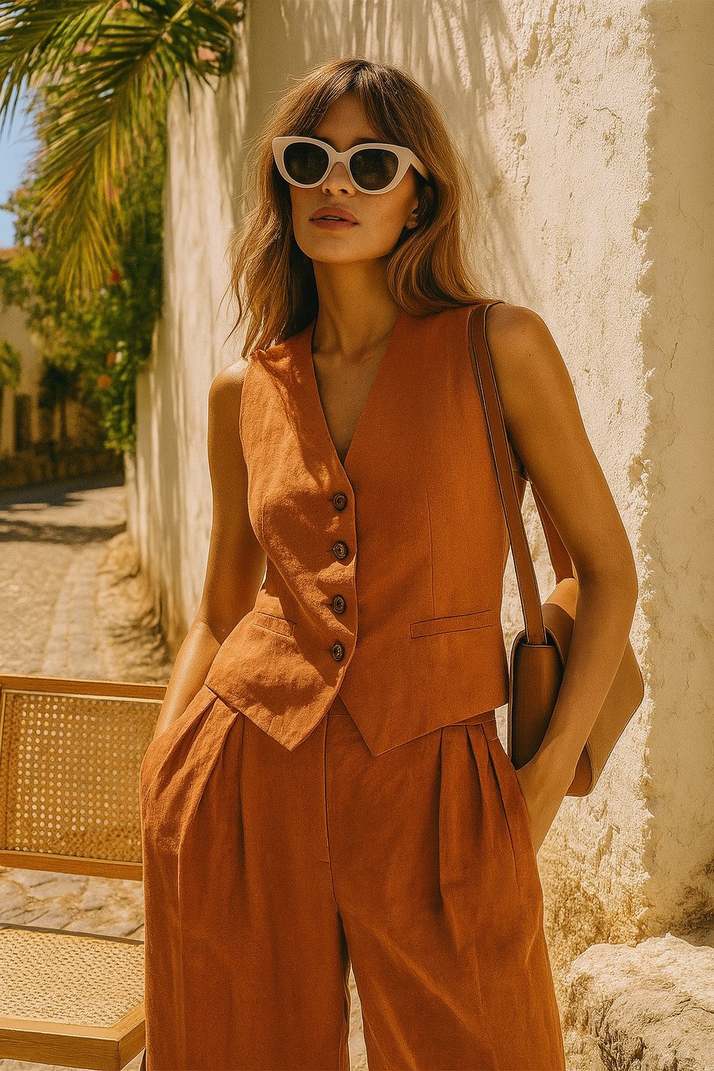 Sleeveless Linen Waistcoat and Wide-Leg Trouser Set