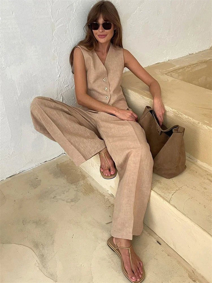 Sleeveless Linen Waistcoat and Wide-Leg Trouser Set