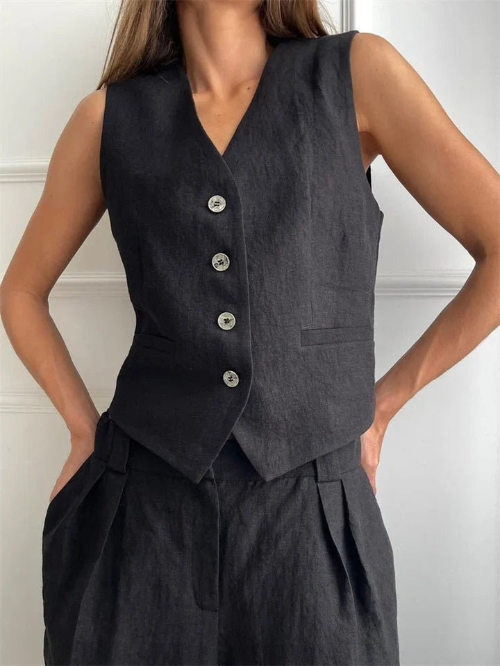 Sleeveless Linen Waistcoat and Wide-Leg Trouser Set