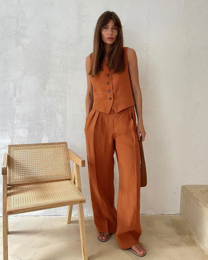 Sleeveless Linen Waistcoat and Wide-Leg Trouser Set