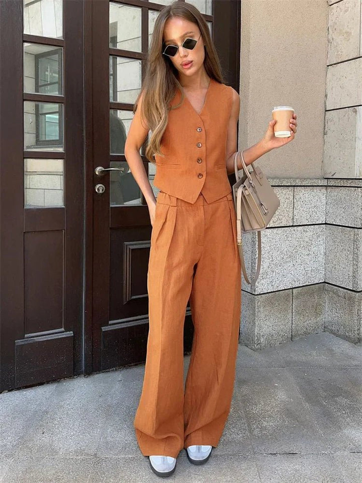 Sleeveless Linen Waistcoat and Wide-Leg Trouser Set