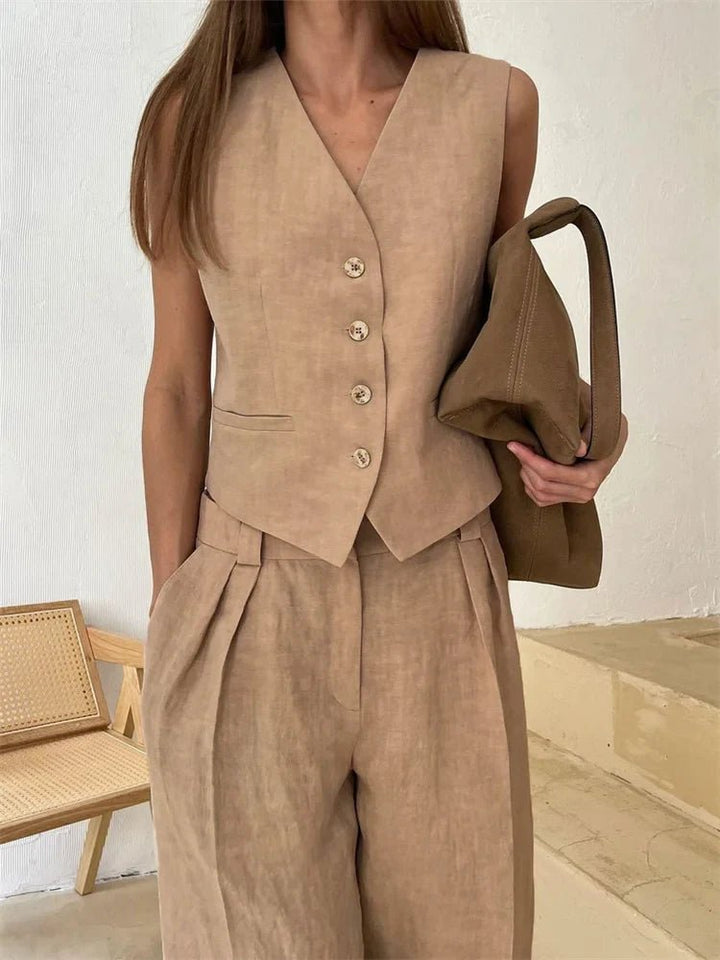 Sleeveless Linen Waistcoat and Wide-Leg Trouser Set