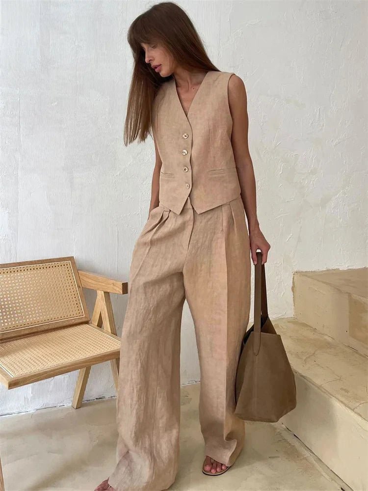 Sleeveless Linen Waistcoat and Wide-Leg Trouser Set