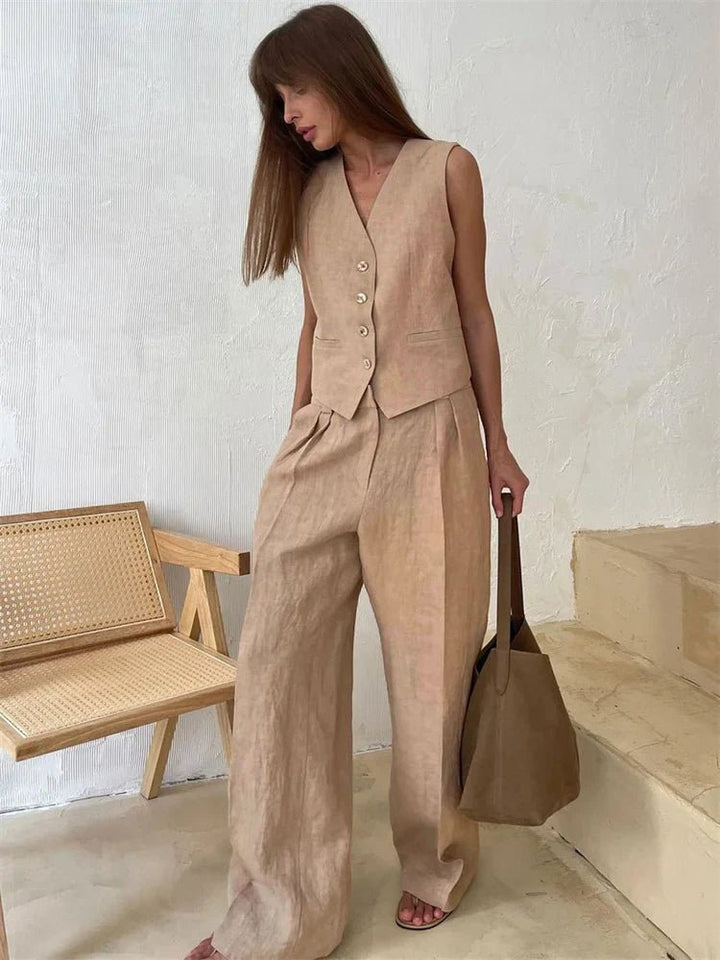 Sleeveless Linen Waistcoat and Wide-Leg Trouser Set