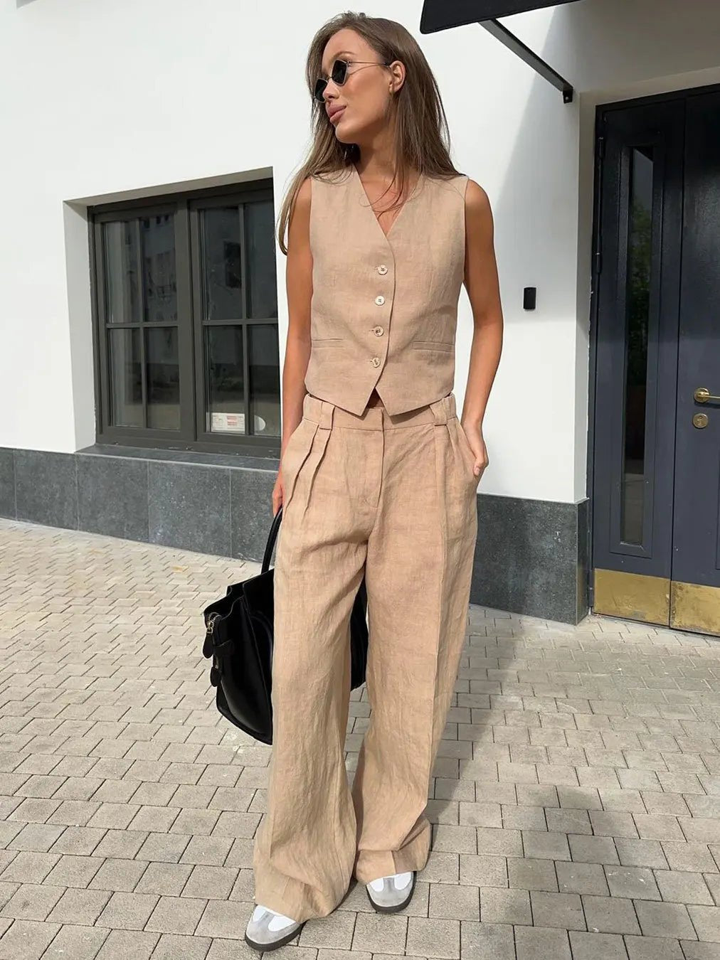 Sleeveless Linen Waistcoat and Wide-Leg Trouser Set
