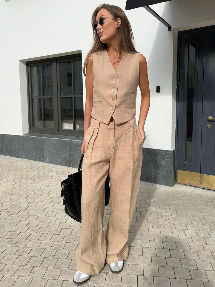 Sleeveless Linen Waistcoat and Wide-Leg Trouser Set