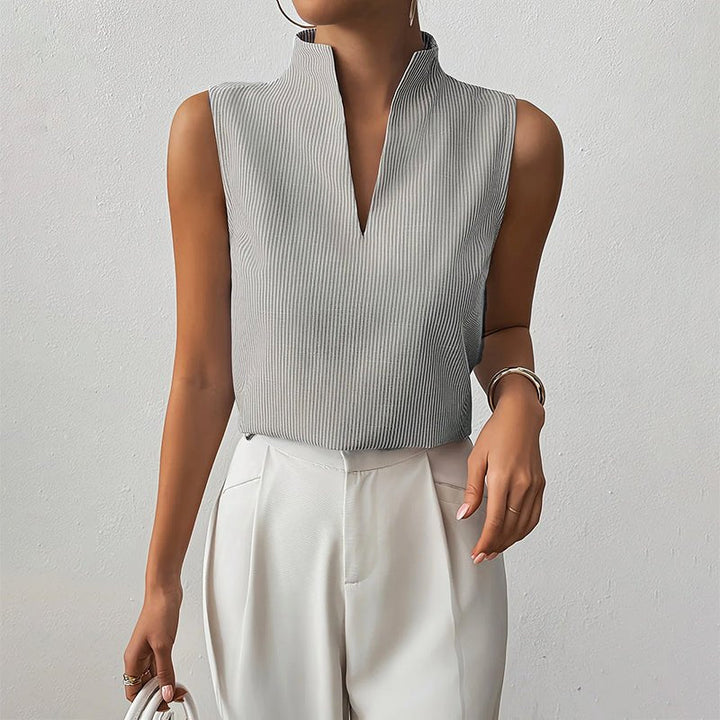 Sleeveless Striped Stand-Collar Blouse