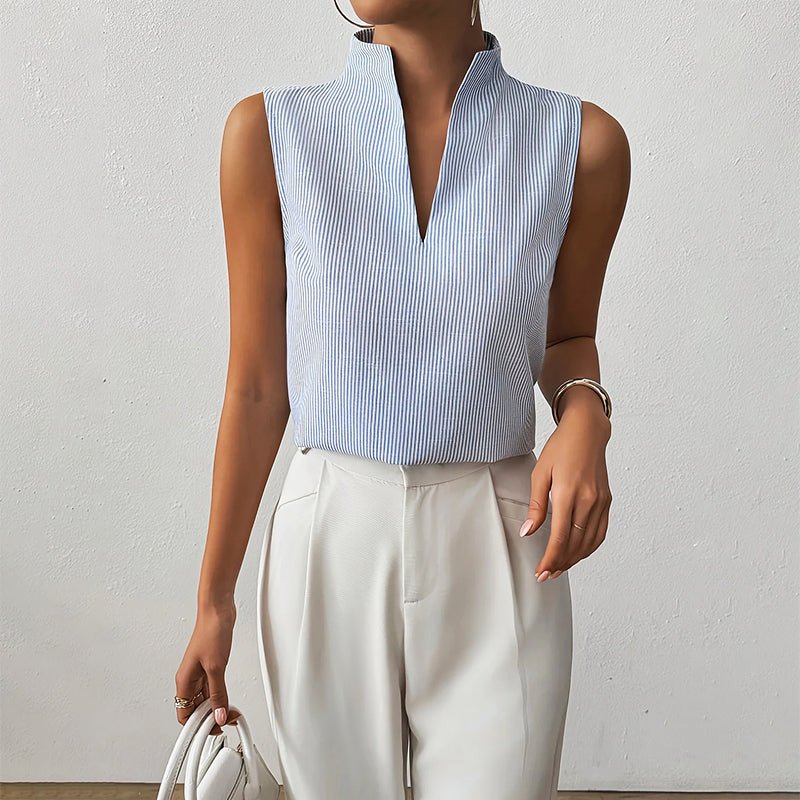Sleeveless Striped Stand-Collar Blouse