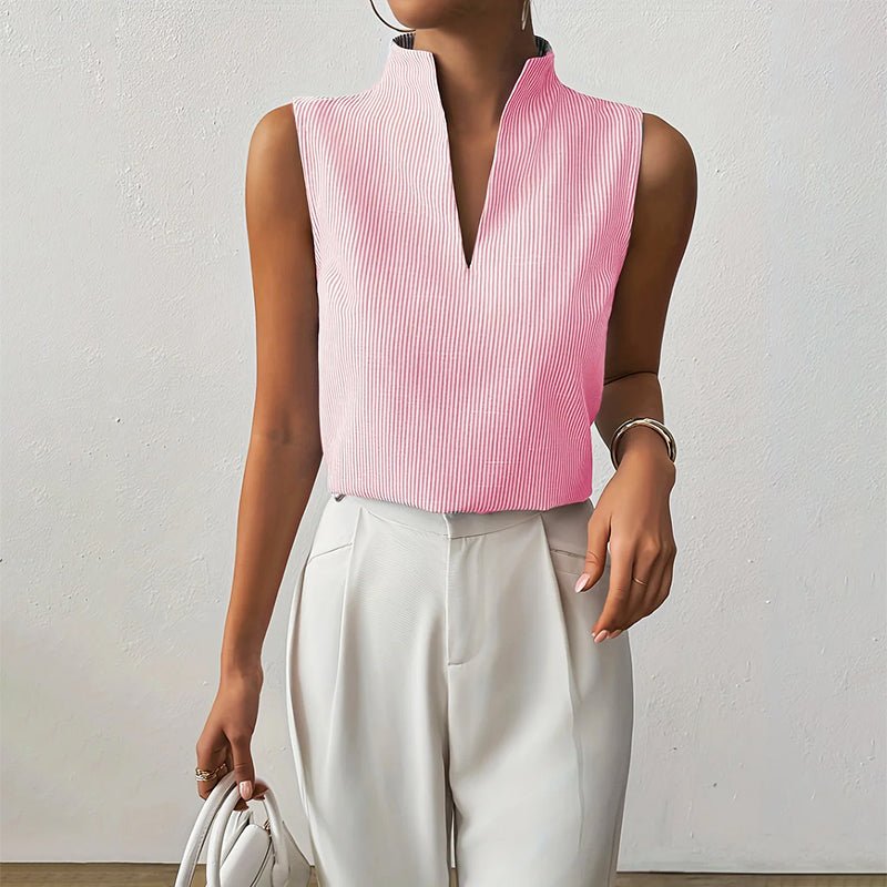 Sleeveless Striped Stand-Collar Blouse