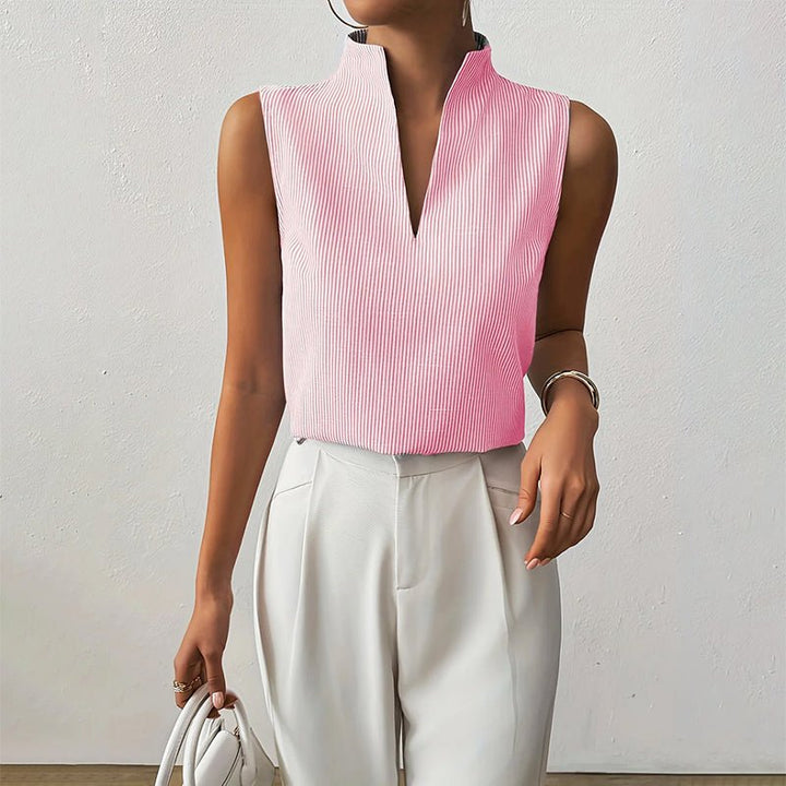 Sleeveless Striped Stand-Collar Blouse