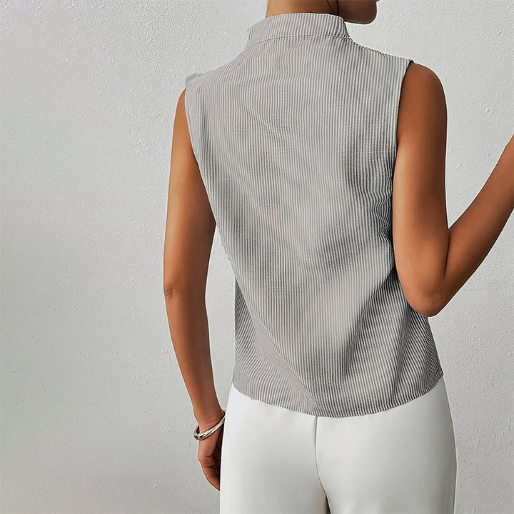Sleeveless Striped Stand-Collar Blouse
