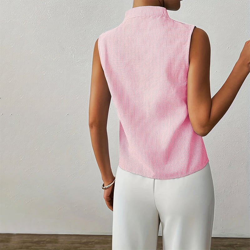 Sleeveless Striped Stand-Collar Blouse