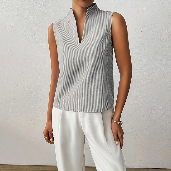 Sleeveless Striped Stand-Collar Blouse