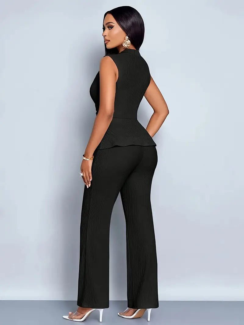 Sleeveless Wrap Peplum Top and Flared Trousers Set