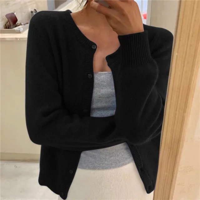 Soft Knit Button-Front Round Neck Cardigan