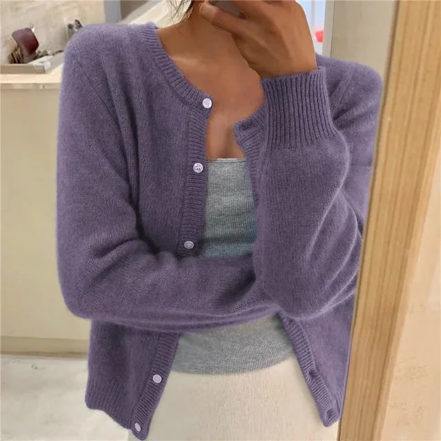 Soft Knit Button-Front Round Neck Cardigan