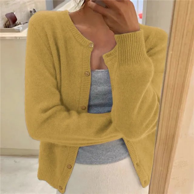 Soft Knit Button-Front Round Neck Cardigan