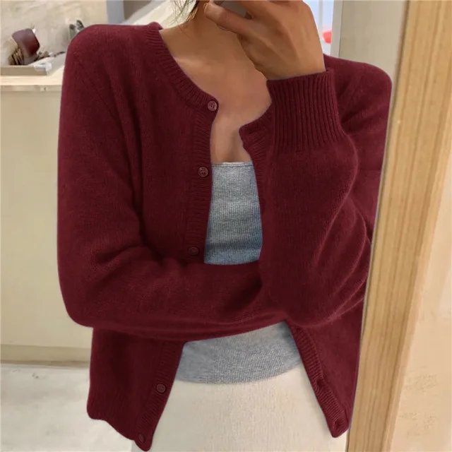 Soft Knit Button-Front Round Neck Cardigan