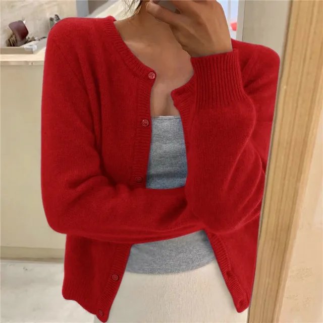 Soft Knit Button-Front Round Neck Cardigan