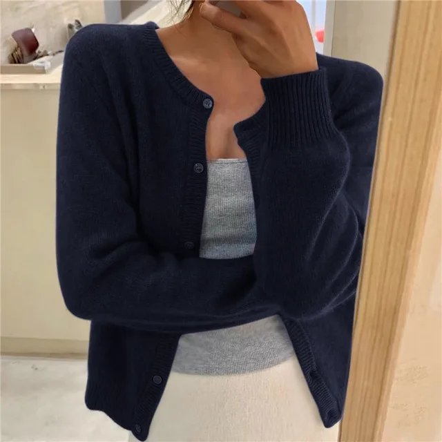 Soft Knit Button-Front Round Neck Cardigan